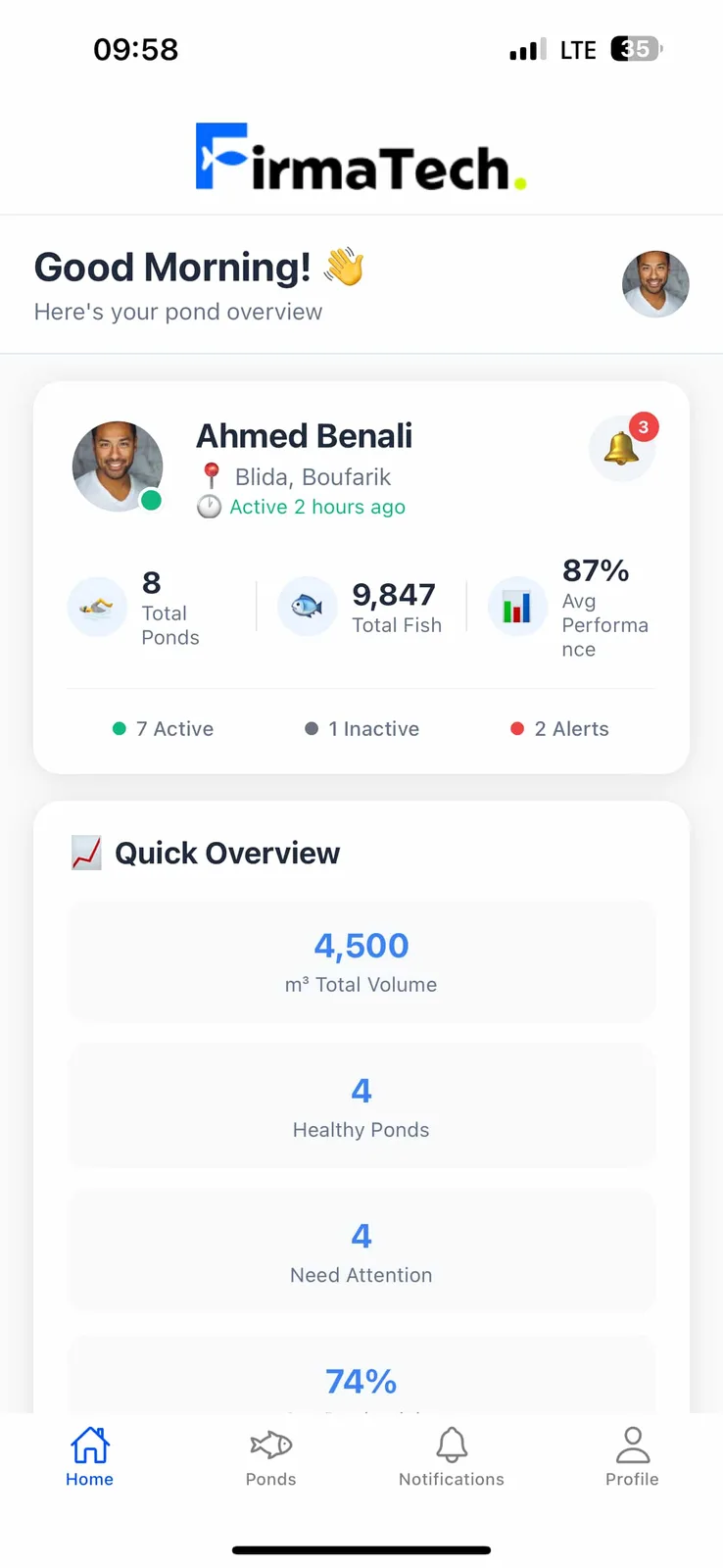Firmatech mobile dashboard with pond overview, alerts, fish count, and pond status cards.