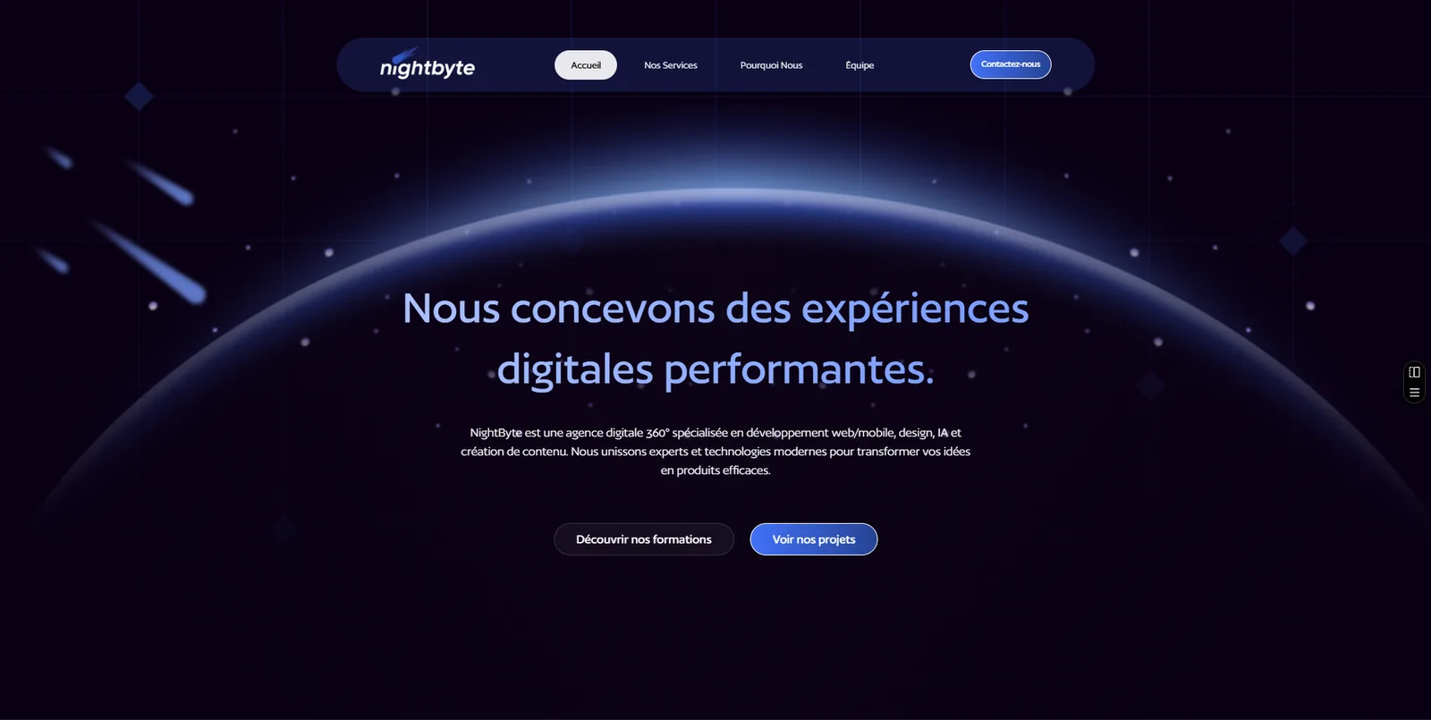 Nightbyte homepage hero with navigation, space-themed background, and French agency positioning.